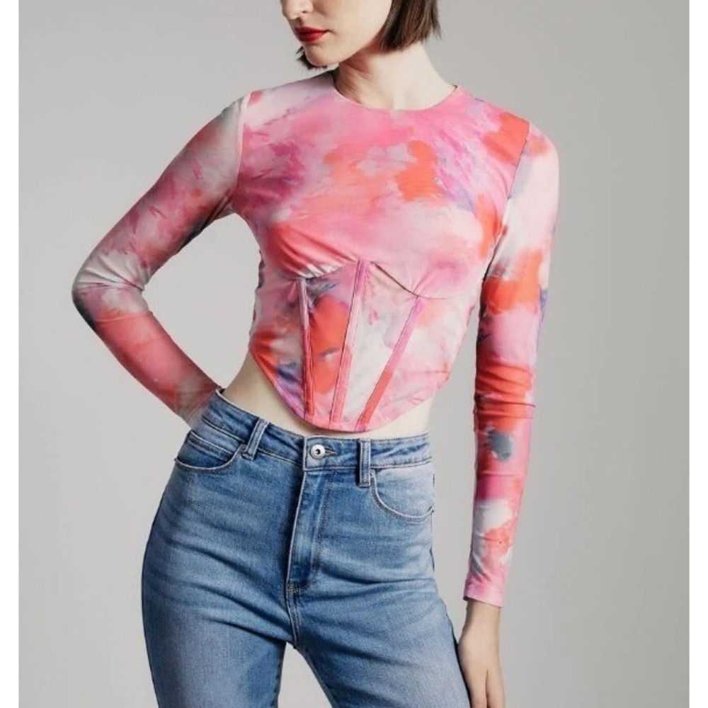 Bardot Lena Mesh Corset Top Pink Sheer Cropped Long Sleeve‎ Crewneck Medium